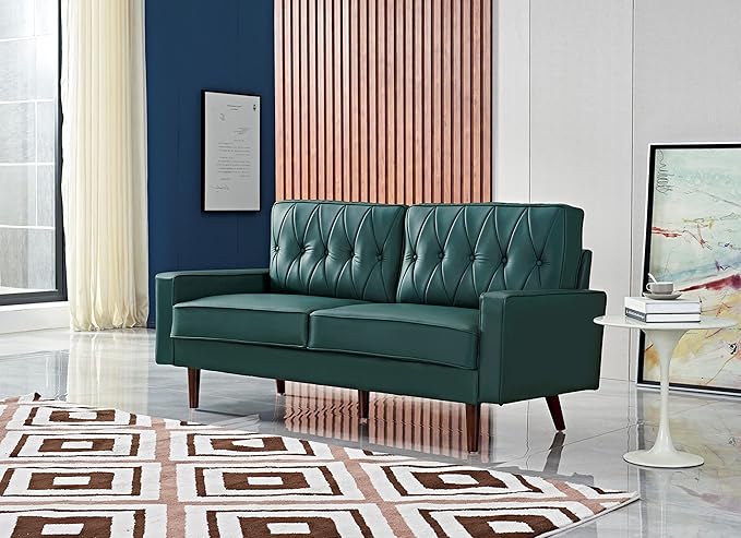 Container Furniture Modern Style Faux Leather Sofa with Elegant Round Tapered Legs and Button Tufted Backrest Perfect for Living Room, Bedroom or Home Office, 69.3’’ Wide, Blue Green