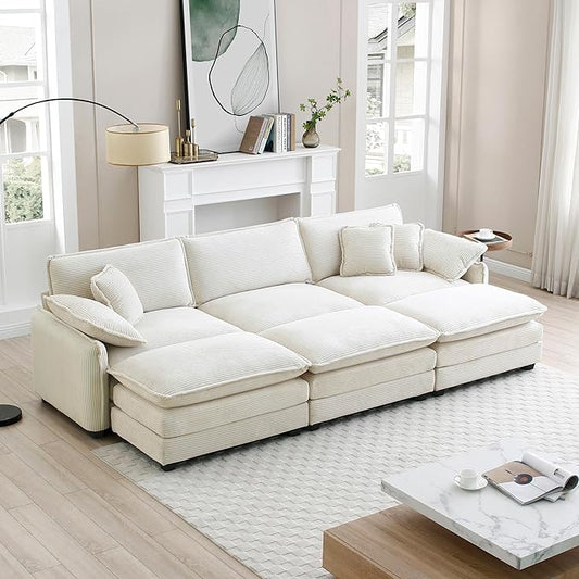 KEIKI 115" Oversized Corduroy Modular Sectional Sofa with 3 Ottoman, High-Density Foam Cushions, Removable Armrests, Upholstered 3-Seater Fluffy Corner Couch with 5 Pillow, for Living Room, Beige