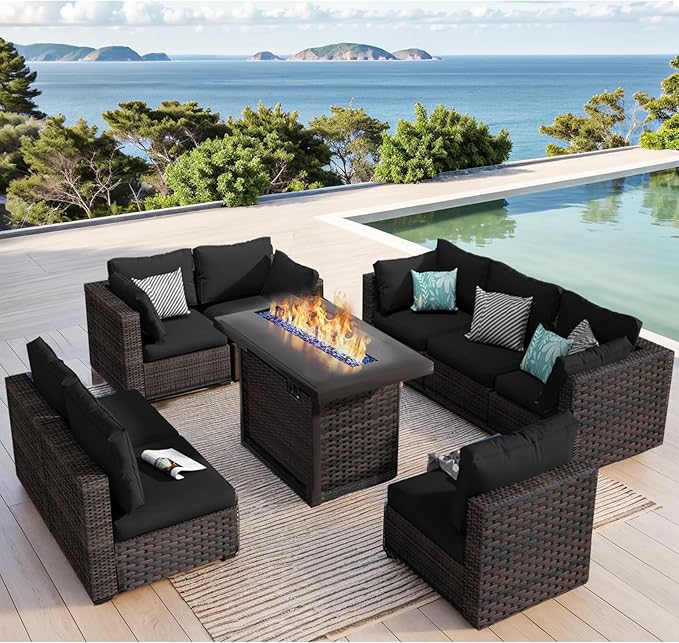 9 Pieces Patio Furniture Set with 44" Fire Pit Table, Rattan Outdoor Sectional Conversation Sets, All Weather Outdoor Furniture Set with Cushions for Garden Lawn Balcony Porch Deck Black
