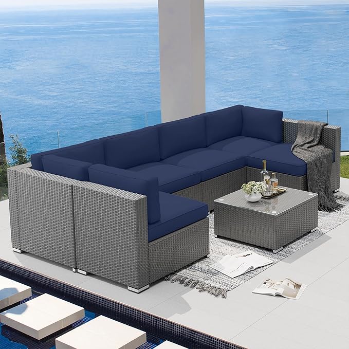 SUNCROWN Outdoor Patio Furniture Set 7 Piece Outdoor Sectional Sofa Grey Wicker Conversation Sofa Set with Coffee Table and Cushions (Dark Blue)