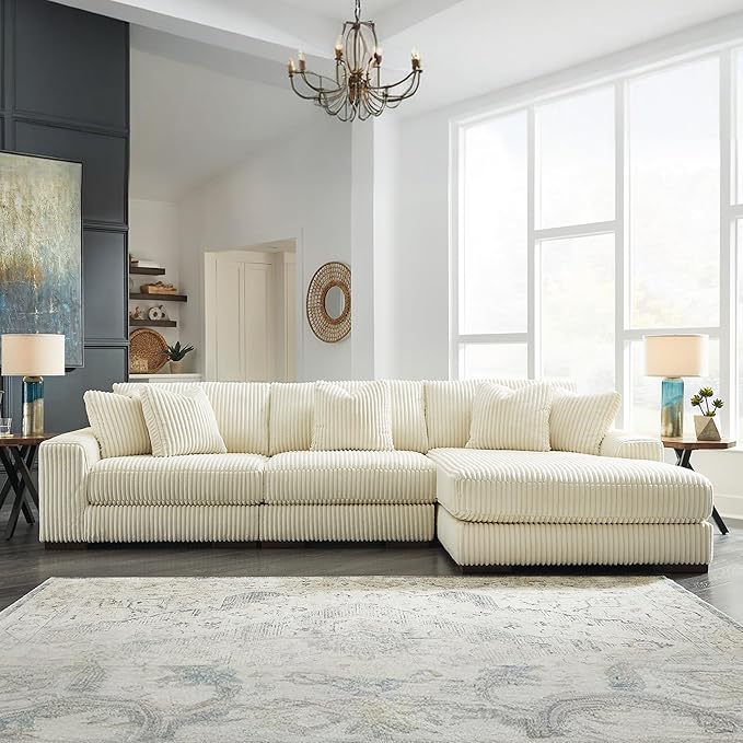 Signature Design by Ashley Lindyn Coastal Right-Arm Facing 3-Piece Sectional with Chaise, Reversible Cushions and 5 Throw Pillows, White