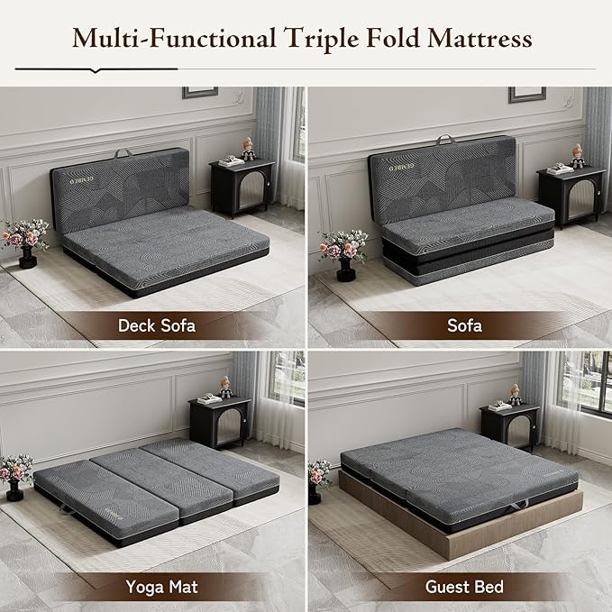 GEMBED Tri Folding Memory Foam Mattress Full Size - Handle & Non-Slip Bottom, Portable Foldable Sofa Bed Floor Chair for Travel RV Camping Guest Yoga - 6 Inch, 73"x52"x6"