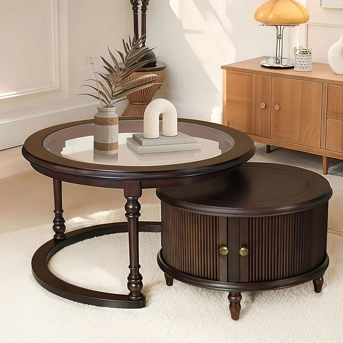 31.5'' Glass Top Round Coffee Table with Storage, Solid Wood and MDF Fluted Coffee Table Set of 2 for Living Room Office, Brown