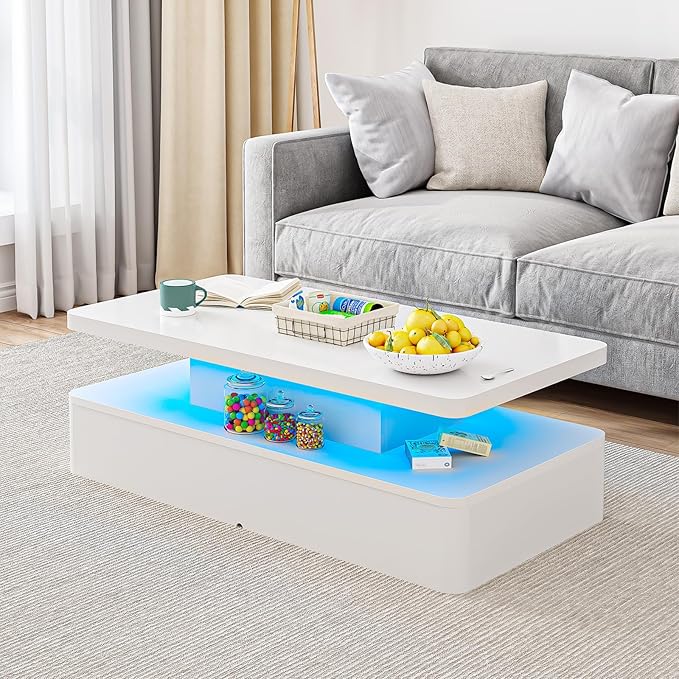 47" Modern Living Room Tables, LED Coffee Table with LED Lights, 2 Tier Rectangular Center Table with Large Storage, High Glossy Surface, Tea Table for Living Room, White