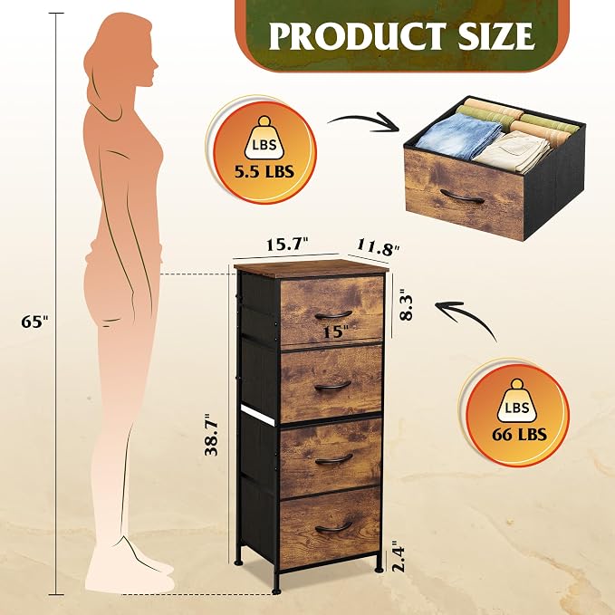 WLIVE Dresser with 4 Drawers, Fabric Storage Tower, Organizer Unit for Bedroom, Hallway, Entryway, Closets, Sturdy Steel Frame, Wood Top, Easy Pull Handle, Rustic Brown Wood Grain Print - Image 3