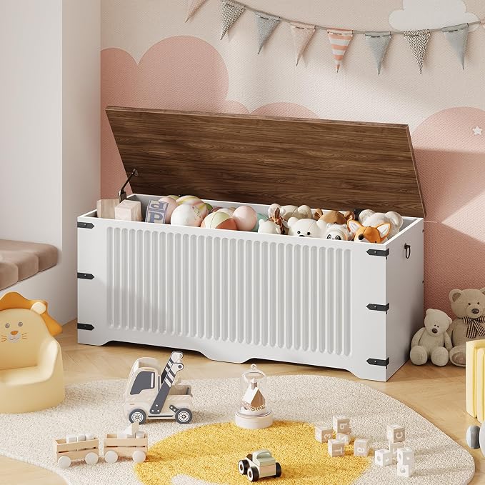 HOOBRO Storage Bench, Toy Box Organizer, Toy Chest with Safety Hinge, Farmhouse Style Storage Chest, 39.3 x 15.7 x 17.7 Inches for Living Room, Bedroom, Entryway, White and Walnut WH26CW01 - Image 2