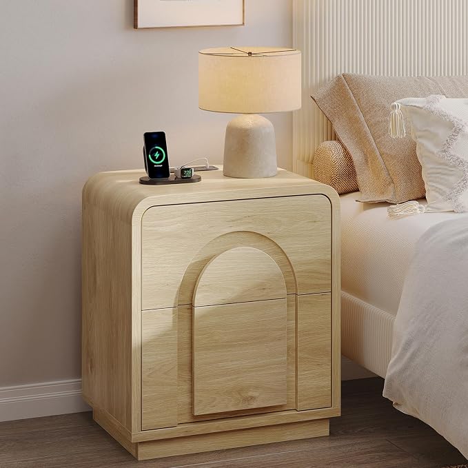 Bestier Night Stand Set 2, 23.6" Farmhouse Nightstand with Charger Station, Mid Century Modern Bedside Table with 2 Drawers, Arch Doors & Rounded Nightstand, End Tables for Bedroom, Natural Oak - Image 2