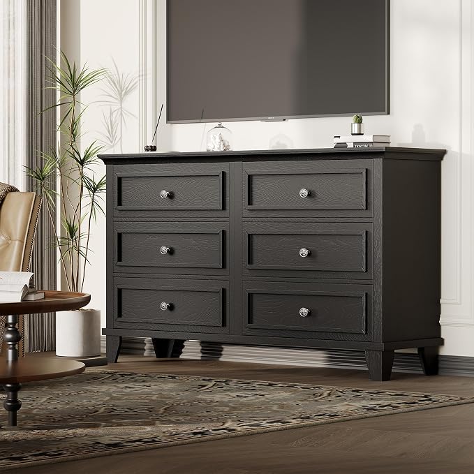 GAOMON Dresser for Bedroom, 6 Drawer Wide Dresser Storage Organizer, Modern Wooden Chest of Drawers with Metal Handles for Hallway, Entryway, Home Office, Black - Image 3