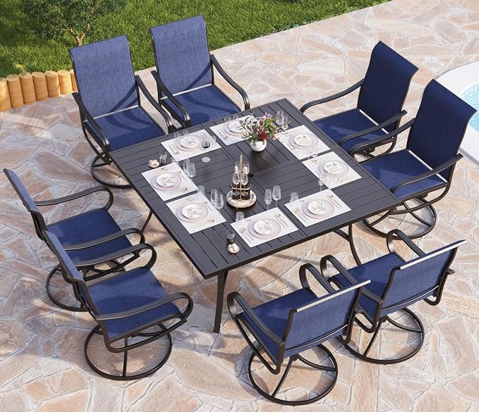 PHI VILLA 9 Piece Outdoor Patio Dining Set, Large Square Metal Dining Table and 8 Outdoor Swivel Dining Chairs, Patio Table and Blue Chair Furniture Dining Set for 8 Person by PHIVILLA