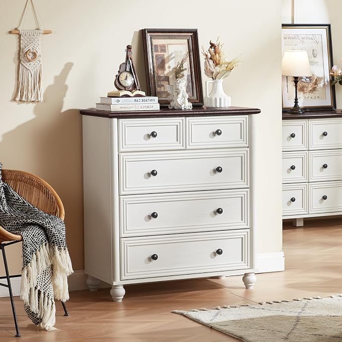 RWYHG Farmhouse 5 Drawer Dresser for Bedroom, 35.5" Tall Small Dressers & Chest of Drawers, Rustic Wood Dresser with Roman Column, Storage Organizer for Living Room, Hallway, Closet (White) by RWYHG