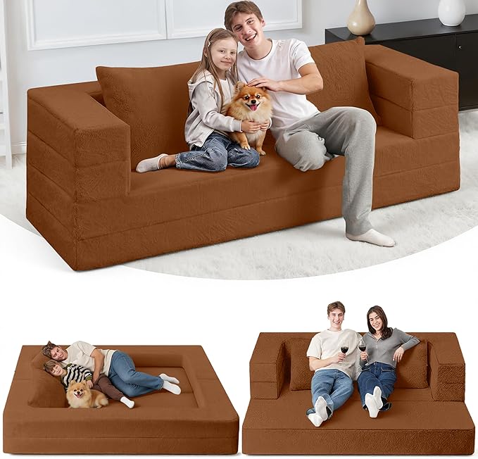 Folding Bean Bag Chair for Adults,3-in-1 Bean Bag Couch Faux Fur Floor Sofa Large Beanbag Convertible Bean Bag Sofa Bed with Pillow in Bedroom,Living Room,Apartment(Queen,Caramel)