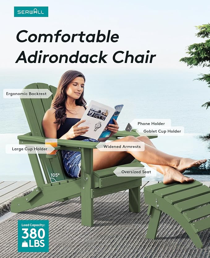 SERWALL Adirondack Chair with Cup Holders - Composite Adirondack Chairs HDPE Outdoor Chairs All Weather Use- Avocado - Image 4