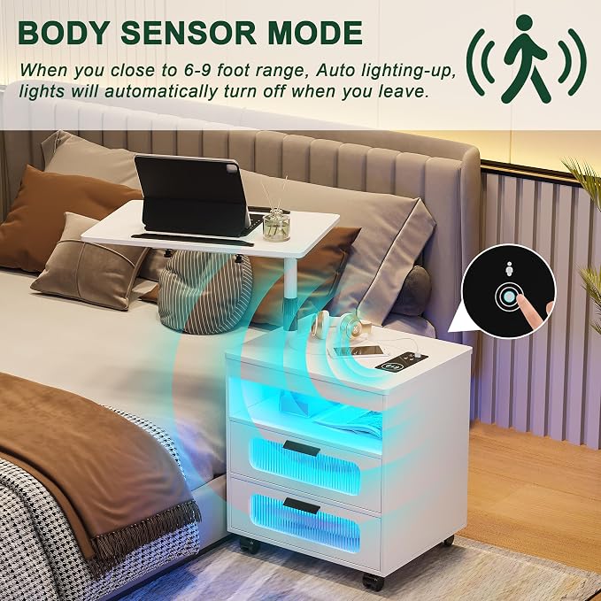 HNEBC LED Nightstand Set of 2 with Charging Station & Adjustable Overbed Desk, 3 Color LED Lights & Body Sensor, Mobile Bedside Table with Wheels, 2 Drawers & Open Shelf for Bedroom(White) - Image 7
