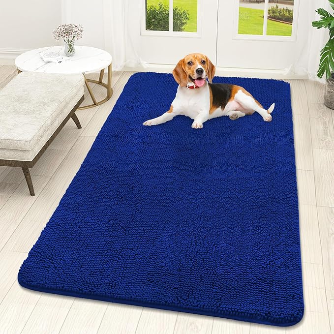 OLANLY Dog Door Mat for Muddy Paws 59x32, Absorbs Moisture and Dirt, Absorbent Non-Slip Washable Doormat, Quick Dry Chenille Mud Mat for Dogs, Entry Indoor Entryway Carpet for Inside Floor, Royal Blue by OLANLY