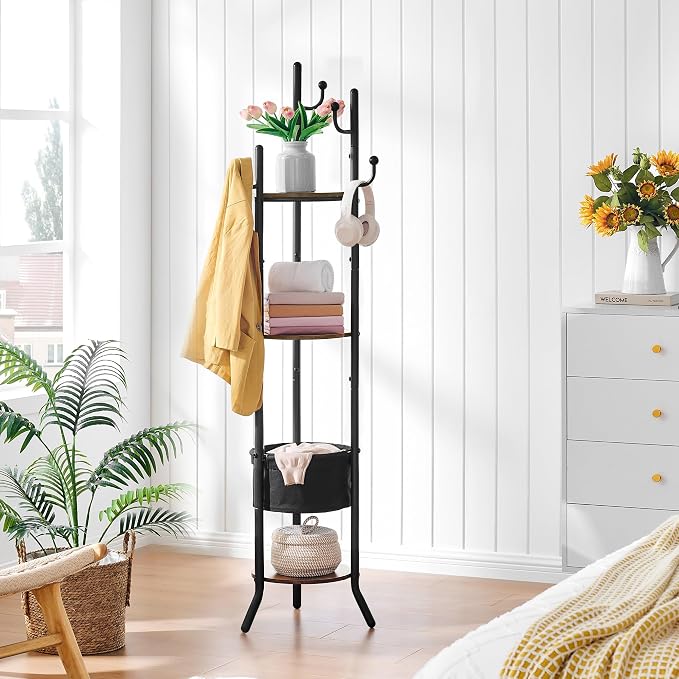 Hoctieon Coat Rack Freestanding, Round Coat Rack with 3 Wooden Shelves and 1 Fabric Basket, Metal Clothes Tree with 5 Hooks, Coat Hanger Stand for Clothes, Hats, Bags, Brown and Black - Image 5