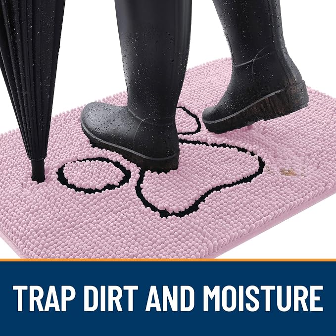 OLANLY Dog Door Mat for Muddy Paws 36x24, Paw Print Design, Absorbs Moisture and Dirt, Non-Slip Washable Doormat, Quick Dry Chenille Mud Mat for Dogs, Entry Indoor Entryway Carpet, Dusty Rose - Image 2