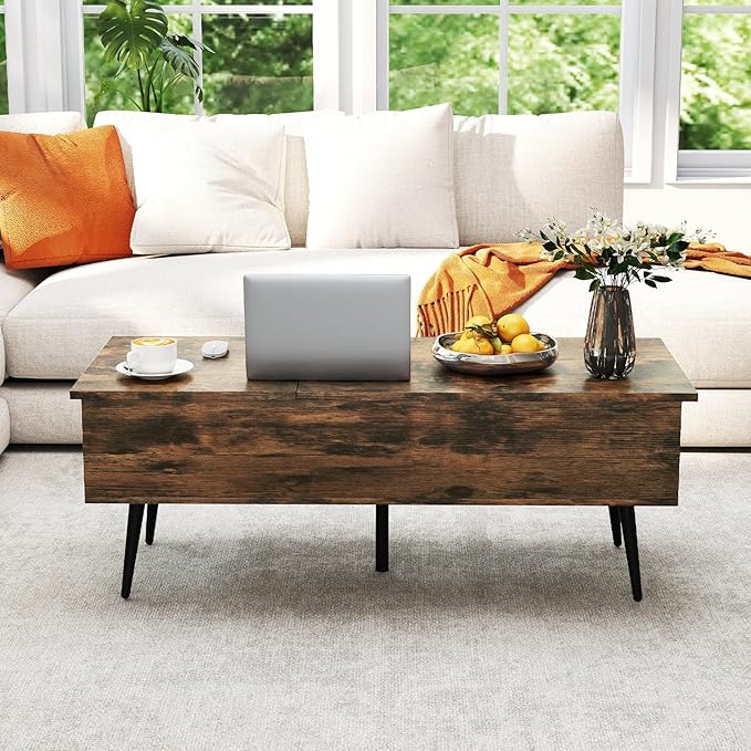 Tangkula Lift Top Coffee Table, Mid Century Modern Center Table with Split Top & 2 Hidden Compartments, Rectangle Accent Table with Tapered Metal Legs for Living Room (Rustic Brown)