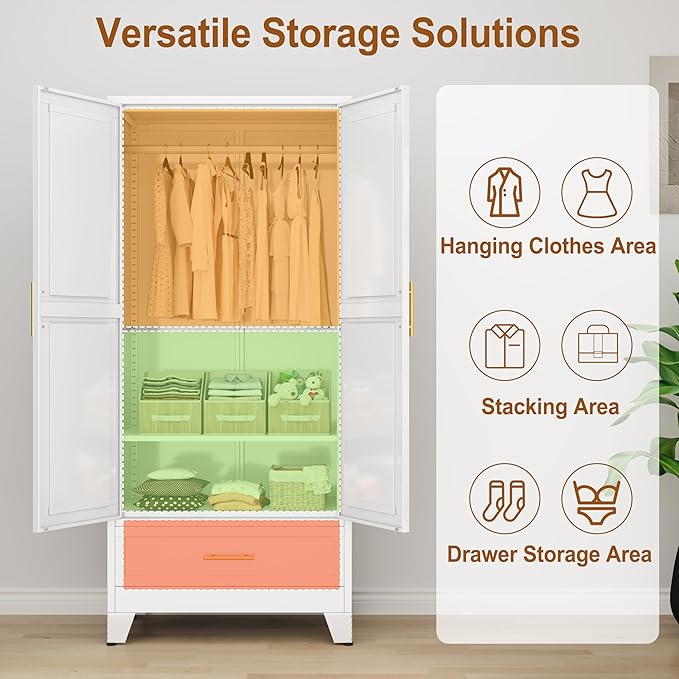 Metal Armoire Wardrobe Closet Storage Cabinet with 2 Doors White, 71'' Wardrobe Cabinet with Hanging Rod Metal Closet with Adjustable Shelf and Drawer for Bedroom, Laundry Room, Cloak Room