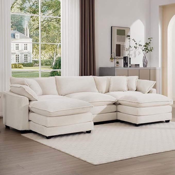 KEIKI 115" U-Shaped Oversized Corduroy Modular Sectional Sofa with 2 Ottoman, High-Density Foam Cushions, Removable Armrests, Upholstered 3-Seater Corner Couch with 5 Pillow, for Living Room, Beige