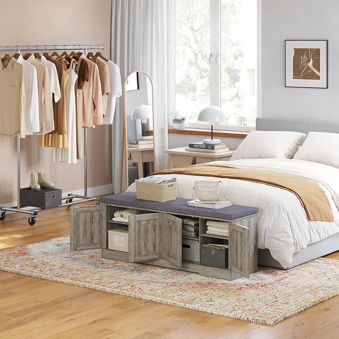 DINZI LVJ Shoe Bench, Entryway Storage Bench with Doors, Cushion, 2-Tier Shoe Rack with 8-Cubby, 47.2”L x 13.8”W Shoe Organizer Cabinet, Adjustable Shelf, Living Room, Bedroom, Gray Wash - Image 2