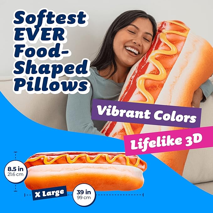 Much Comfort 39" 3D Supreme Hot Dog Throw Pillow - Made with Super Soft, Ultra Premium Fabric - Cute, Comfortable, Plush Stuffed Body Cushion for Home Decor - Best Funny Gift for Meat Lovers - X-Large