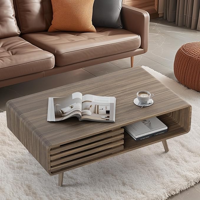 Easyego Coffee Table with Storage, Farmhouse Wood Tables for Living Room, Easy Assembly, Suitable for Various Home Styles (Brown)