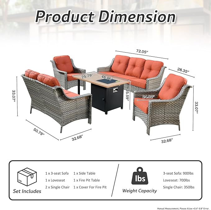 HOOOWOOO 5 Piece Patio Set with Fire Pit Table, All Weather Resistant High Back Rattan Outdoor Wicker Furniture (Red)