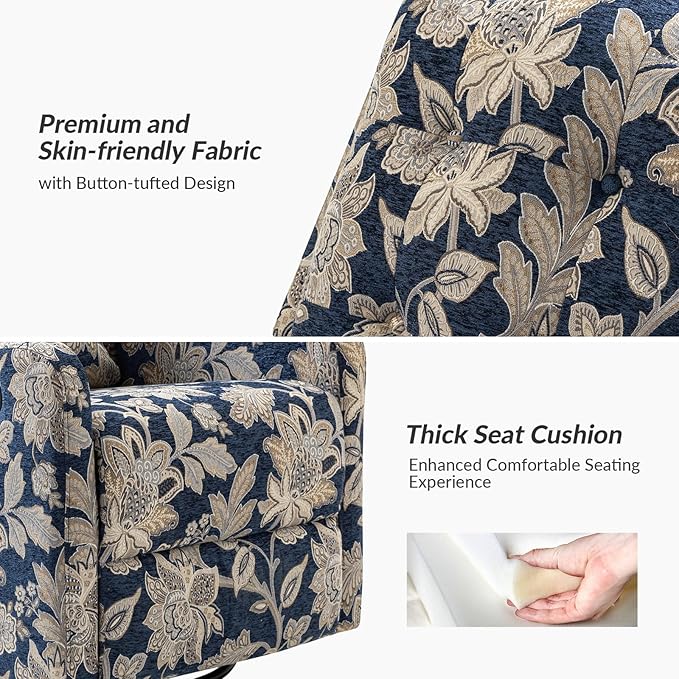 HULALA Home Recliner Chair Modern Printed Fabric for Living Room, Wingback Rocker Recliner Sofa Comfy Armchair 360 Degree Swivel, Nursery Rocking Chairs with Adjustable Backrest & Footrest/Navy