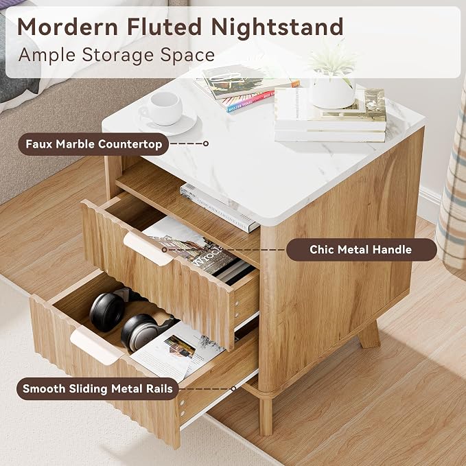 White Nightstand with 2 Drawers, 18" Modern Night Stand with Faux Marble Top, Open Storage Shelf, Fluted Bedside Table for Bedroom, End Table Side Table - Image 4