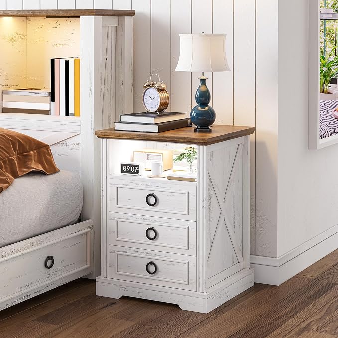 Nightstand with Charging Station,Farmhouse End Side Table with 3 Drawers and Open Storage,Smart Bedside Table with LED Light & Human Sensor for Bedroom,White - Image 7