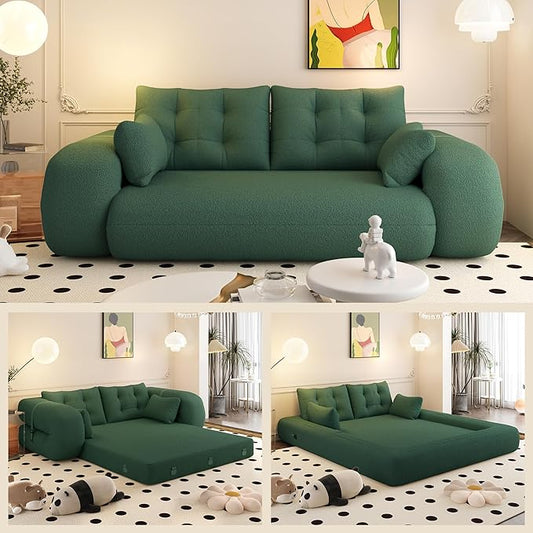 78.7" Convertible Sofa Bed, 3-in-1 Folding Floor Couch with 4 Pillows, Sleeper Sofa for Living Room and Guest Bed, No Assembly Required (Green, Teddy Fabric)