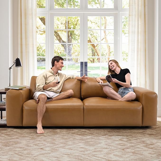 COLAMY PU Leather Sofa Couch, 95" Oversized Sofa Loveseat for Living Room, Comfy Love Seat Couch with Extra Deep Seats, Wide Arm, Down Filled 3-Seater Modern Sofa for Apartment/Lounge/Bedroom-Brown
