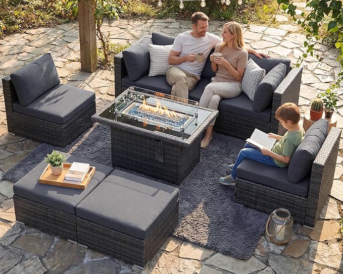 NICESOUL 29.3'' High Backrest Patio Furniture Set with Firepit Table Gas/Propane, Heavy Duty Deep Seating Outdoor Sectional Sofa Sets, 6 Seater Modern Luxury Extra Large Wicker Conversations, Gray