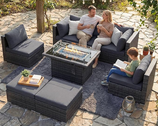 NICESOUL 29.3'' High Backrest Patio Furniture Set with Firepit Table Gas/Propane, Heavy Duty Deep Seating Outdoor Sectional Sofa Sets, 6 Seater Modern Luxury Extra Large Wicker Conversations, Gray