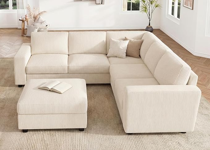 HONBAY Corduroy Sectional Couch with Storage L-Shaped Sectional Couches for Living Room 6 Seater Sectional Sofa, Beige