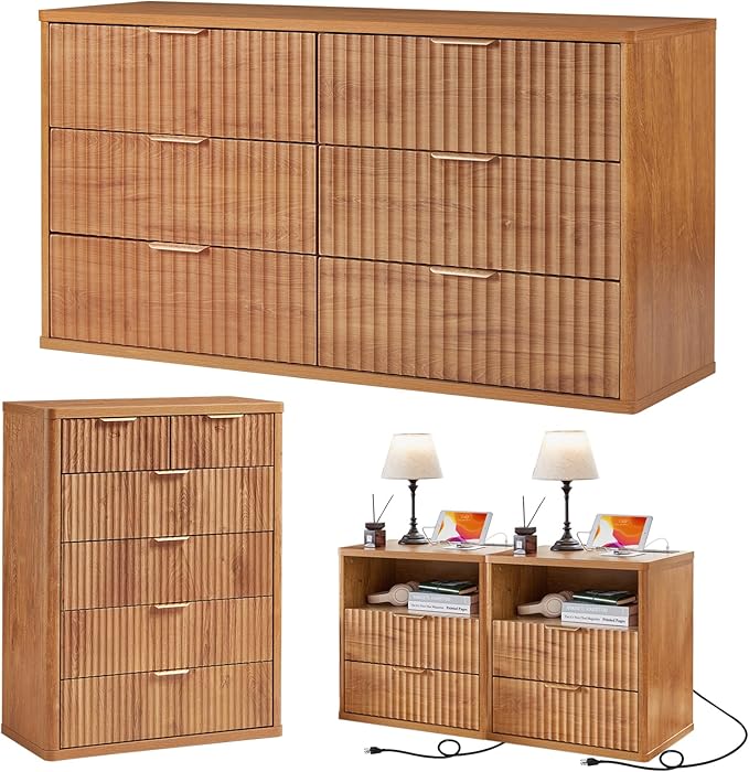 LEYAOYAO Fluted Dressers & Nightstand Set of 4, Wood 48" Wide Dresser & 42" Tall Chest of Drawers,Modern Bedroom Furniture Sets, Brown Wooden Nightstand Set of 2 with 2 Drawers & Charging Station