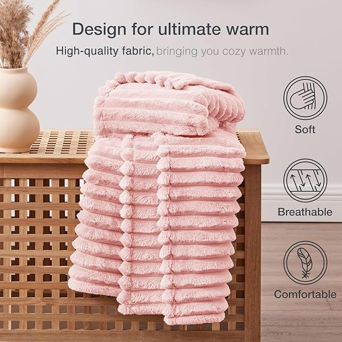EXQ Home Fleece Blanket Twin Size for Couch or Bed - 3D Stripe Jacquard Decorative Blankets - Cozy Soft Lightweight Fuzzy Flannel Blanket Suitable for All Seasons(60"??80",Pink)