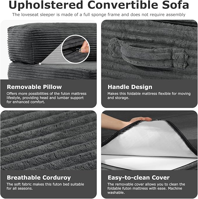 6-inch Folding Mattress Convertible Sofa Bed, Floor Bed & Sleeping Couch with Removable Corduroy Cover & Carry Handles, High-Density Foam (Grey, Queen)