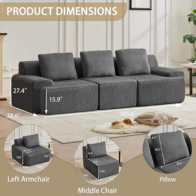 Modular Sectional Sofa with Movable Ottoman, 3 Seat Deep Seat Couch with 3 Pillows, Comfy Cloud Sectional Sofa for Living Room, Bedroom and Apartment (Grey, 1 Left+1 Right+1 Middle)