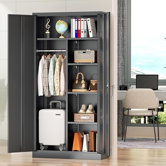 Greenvelly Metal Wardrobe Cabinet with Locking Doors, 72"H Black Metal Wardrobe Closet with Hanging Rods and Adjustable Shelves, Clothing Storage Closet for Home, Office, Employee, Gym (18" D x 36” W)