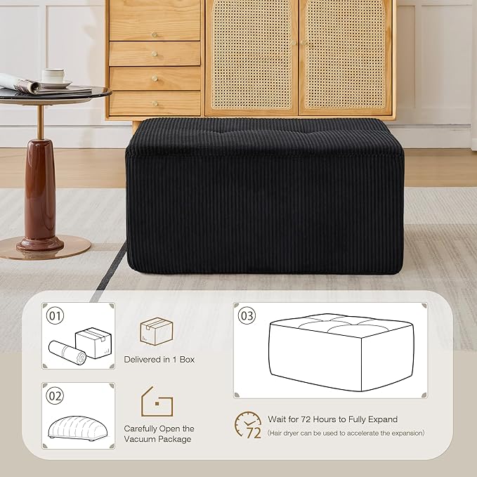 Modular Sectional Sofa, Boneless Couches for Living Room, Corduroy Couch, Big Comfy Couch, Modular Cloud Sofa with Deep Seat (Black, 1 Piece-Ottoman)
