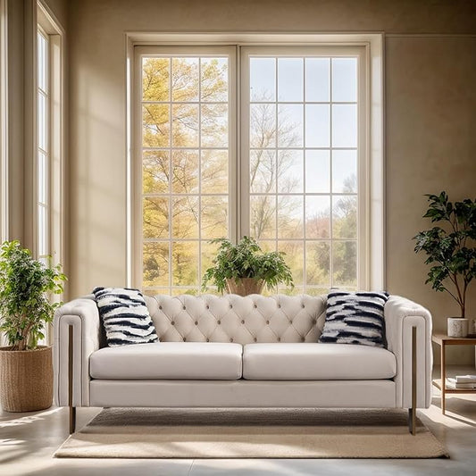 KEIKI 84" Chesterfield Velvet Tufted Button Sofa with Removable Cushions and 2 Toss Pillows, Modern 3-Seater Couch with 4 Gold Metal Leg, Easy Assembly, for Living Room, Bedroom, Apartment, Cream