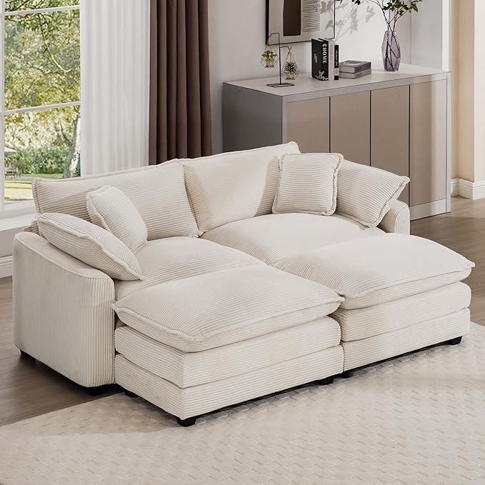 KEIKI 80" Oversized Corduroy Modular Sectional Loveseat Sofa with 2 Ottoman, High-Density Foam Cushions, Removable Armrests, Upholstered 2-Seater Corner Couch with 4 Pillow, for Living Room, Beige