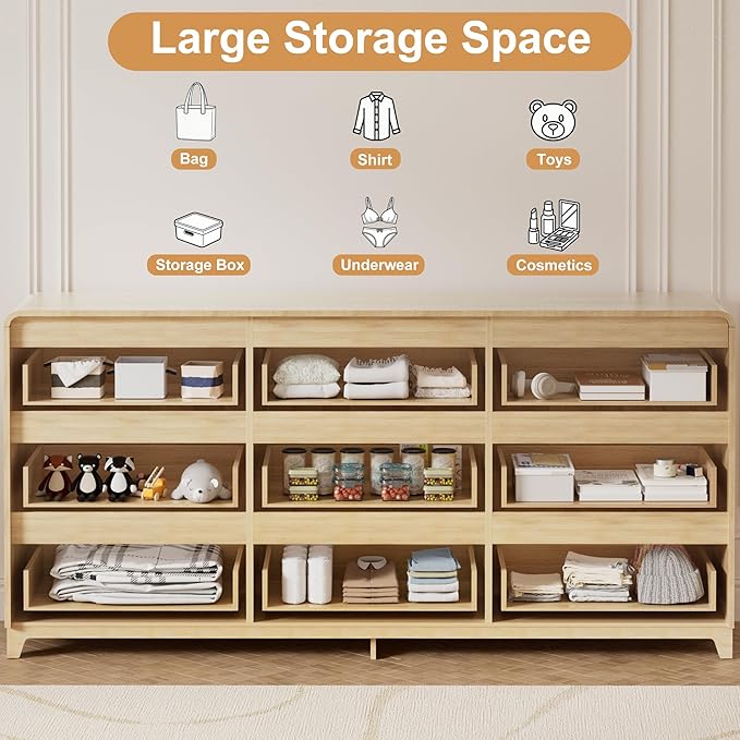 3 Piece Bedroom Furniture Set 9 Drawer Fluted Dresser & 2 Nightstand Sets with Metal Handle, Charging Station & Storage Cabinet, Modern Design for Bedroom/Living Room, Natural
