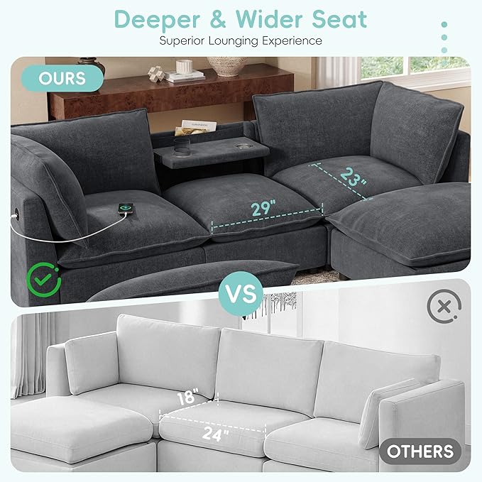 Merax Modern U-Shaped Sectional Sofa with 2 Movable Storage Ottomans, Chenille 6-Seat Couch Set with Fold-Down Backrest Table, Charing Ports, Cup Holders for Living Room,Small Space, Gray