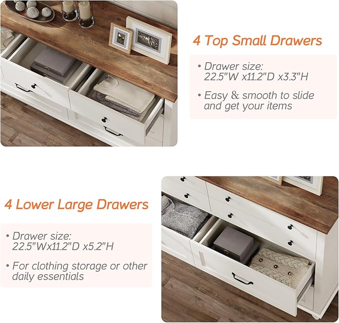 WAMPAT 2 Piece Bedroom Set - Includes 8 Drawer Dresser for Bedroom, Nightstand with Charging Station & Drawers, 2 Piece Dresser and Nightstand Sets, Off White