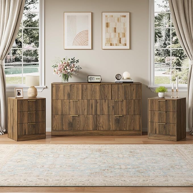 7 Drawer Dresser & Nightstand Set, 3-Piece Fluted Bedroom Dresser and Night Stand Set of 2 with Metal Handle, Modern Wood Chest of Drawers Storage Dressers Set for Bedroom, Walnut