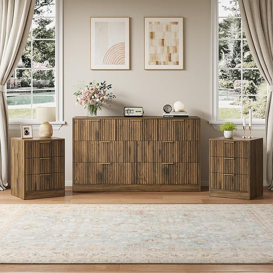 7 Drawer Dresser & Nightstand Set, 3-Piece Fluted Bedroom Dresser and Night Stand Set of 2 with Metal Handle, Modern Wood Chest of Drawers Storage Dressers Set for Bedroom, Walnut