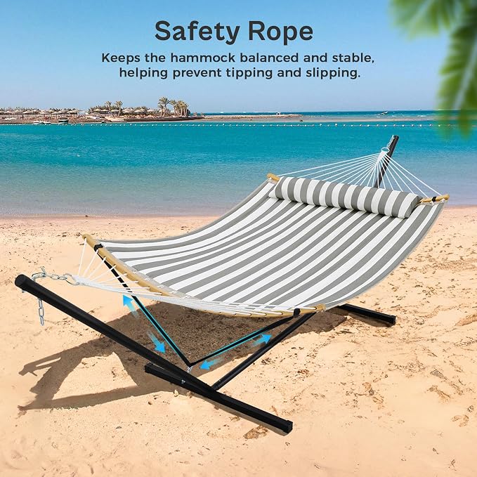 SUPERJARE Curved-Bar Hammock with Stand, 2 Person Heavy Duty Hammock Frame, Detachable Pillow & Portable Carrying Bag, Perfect for Outdoor & Indoor, Black and White Stripe - Image 5