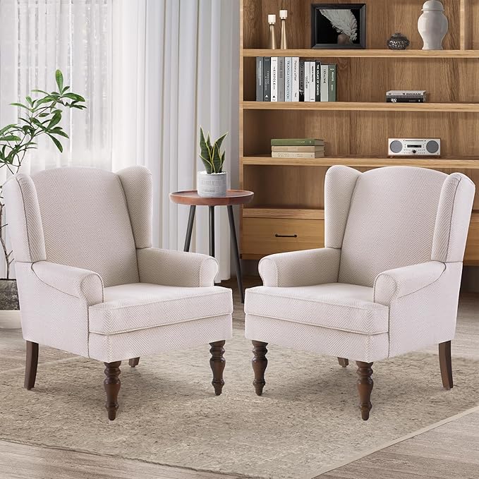 HUIMO Living Room Chair Upholstered High Back Armchair Retro Printed Wingback Chair in Linen for Bedroom & Study Comfy Accent Sofa Chair Reading Chair Holds 300lbs (2, Tan with Lines)